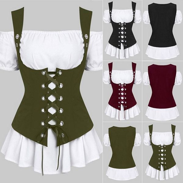 

women steampunk gothic 2pcs renaissance corset lace up boned bustier waist cincher corsets overbust shaper plus size, White;black