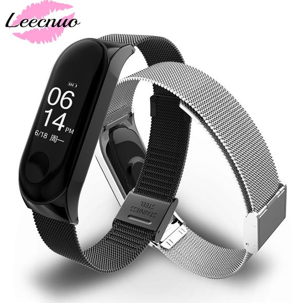 

leecnuo fashion wrist band bracelet strap for mi band 3 miband 3 strap metal bracelet stainless steel wrist, Black;brown