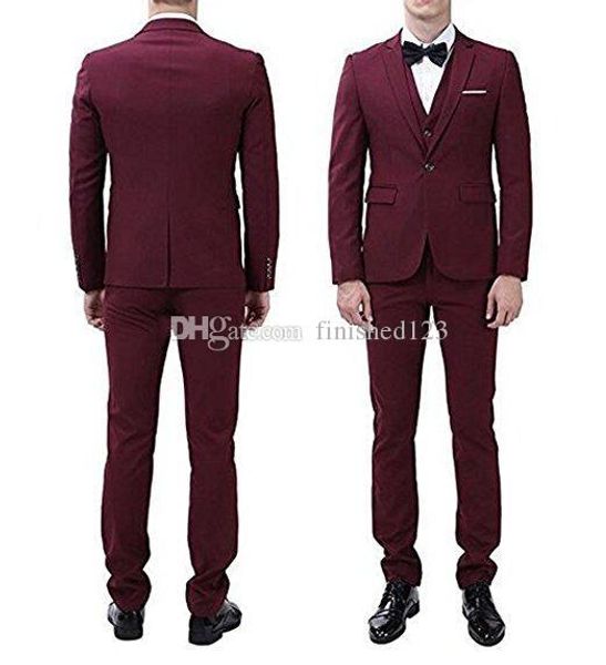 New Popular Back Spat One Button Wine Groom Tuxedos Notch Bavero Men Suits Matrimonio / PROM / Dinner Best Man Blazer (Giacca + Pantaloni + Vest + Tie) W225