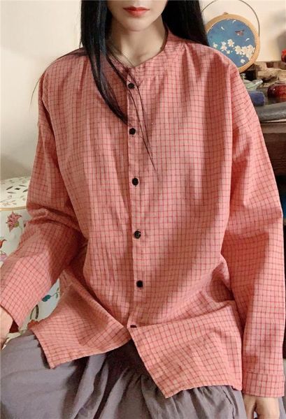 

johnature 2020 spring new fashion stand long sleeve single breasted plaid shirt simple comfortable all-match women shirts, White