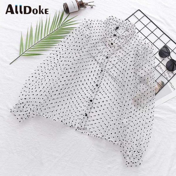 

alldoke mesh see through blouse women summer turn down collar puff sleeve shirt femme polka dot ladies blouses bluasa, White