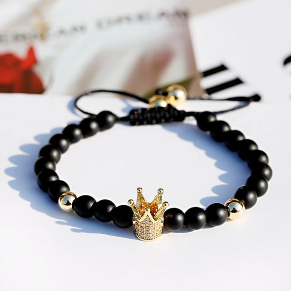 

oiquei men's cubic zircon crown charm bracelet classic 8mm black natural stone braided macrame bracelets hommes pulsera hombre