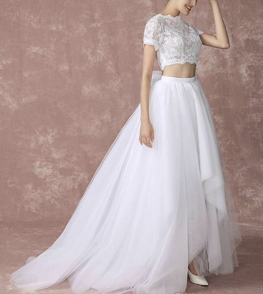 

two pieces wedding dress lace applique buttons back sweep train long bridal gowns, White