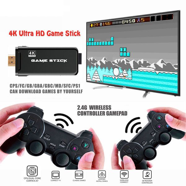 4K Ultra HD U8 Jogo Console Stick HD Host Nostálgico PS1 Emuladores Dupla 2.4G Wireless Gamepad Controlador TV Video Games Dongle