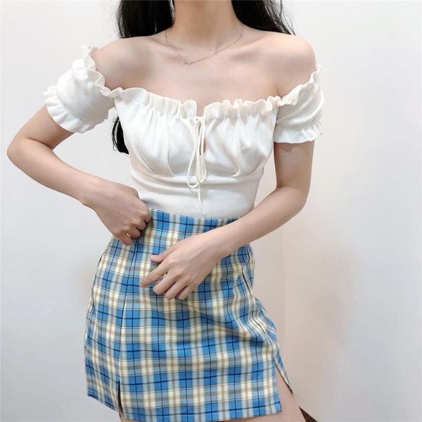 

2020 new korean-style off-shoulder strap wooden ear pleated sweater slim fit all-match womens fashion, White