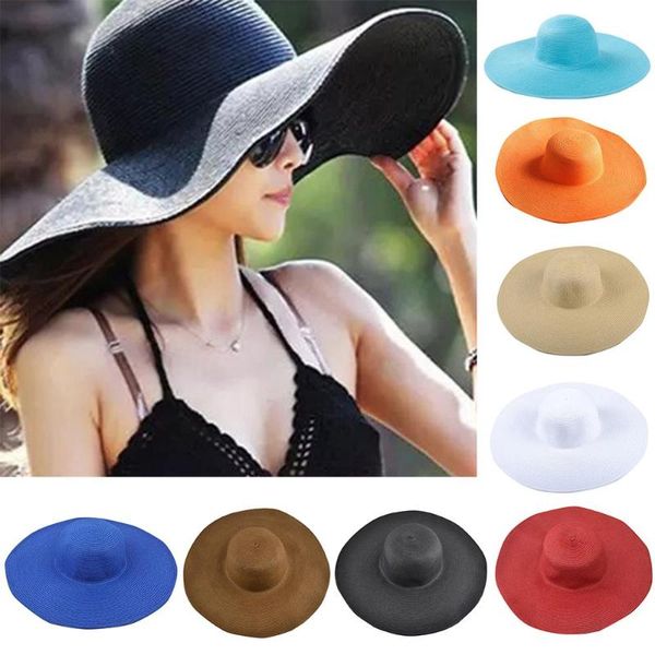 

2020 new fashion for women summer daily women' fashion wide brim floppy hat solid color straw hat foldable roll up beach sun, Black
