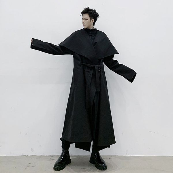 

men japan streetwear big collar long trench coat outerwear male lace up belt cardigan jacket windbreaker overcoat, Tan;black