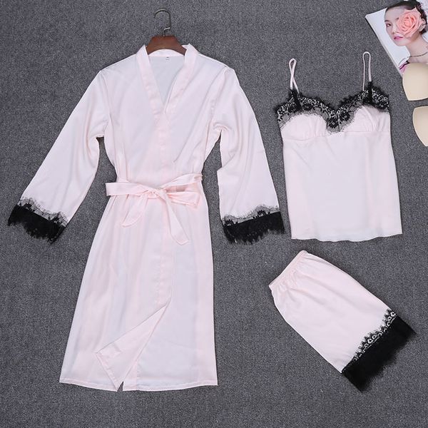 

ladies silk satin robe pyjama set lace sleepwear set summer bathrobe bath robe robe+pant 3 pieces for women, Blue;gray