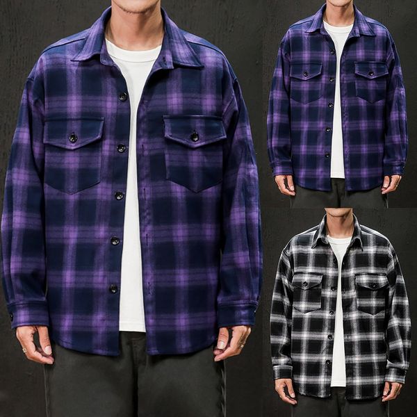 

casual formal shirt men long men's casual fashion plaid printing loose hoodie removable long sleeve blouse mens dress shirts, White;black