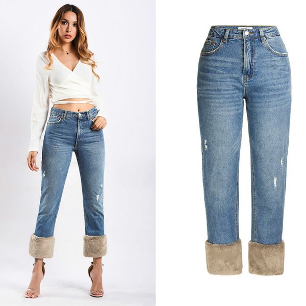

sindydell high waist streetwear jeans women straight denim pants plus hair cuffs vintage omustache lue pants winter, Blue