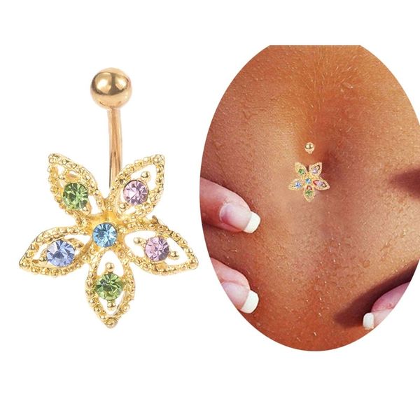 Chirurgenstahl Gold Blume Strass baumelnder Anhänger Langhantel-Nabelring Niedliche kleine Bauchnabelringe Einfacher Körper-Piercing-Schmuck für Frauen