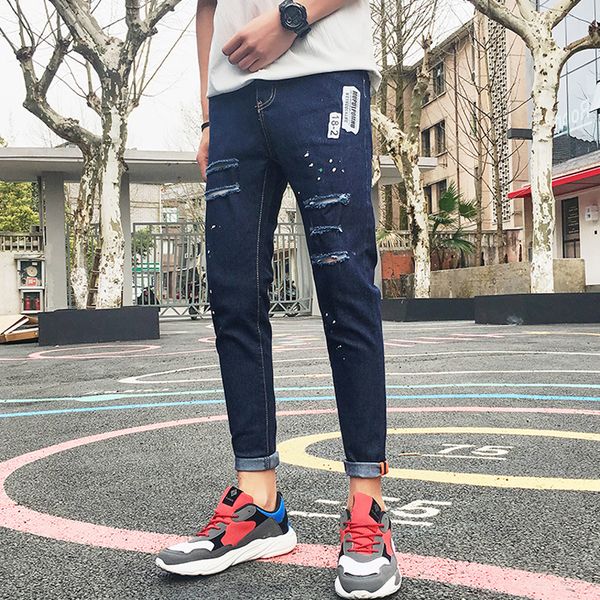 

teen hole jeans men slimming korean version trend nine small feet slimming summer thin beggar pants 2019, Blue