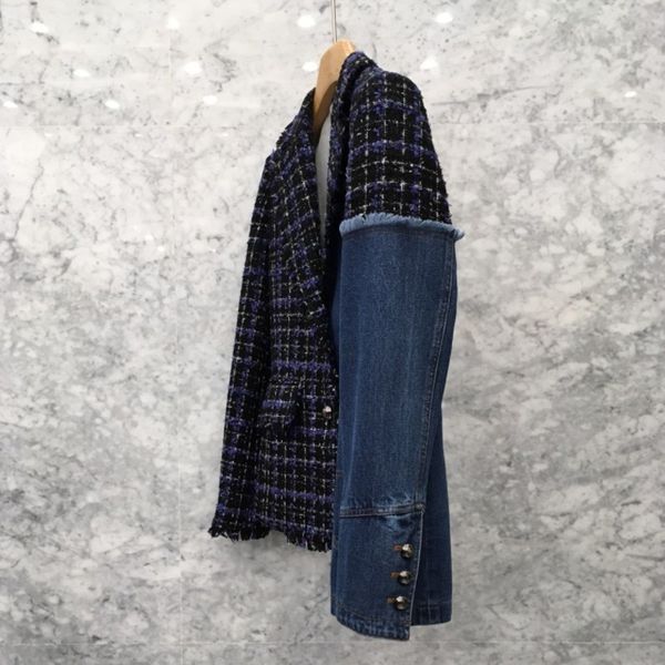 

eam] 2020 new spring lapel long sleeve blue denim plaid stitch irregular loose jacket women coat fashion tide ji747, Black;brown