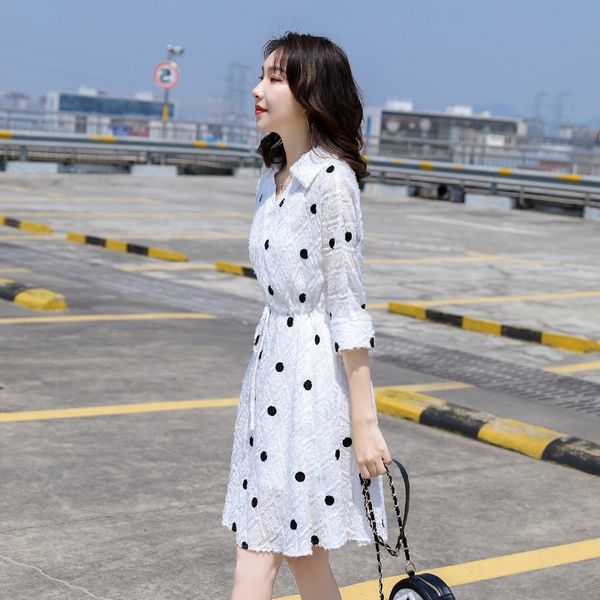 

2020 polka dot white chiffon shirt dress women's gentle fairy shirt short skirt short skirt