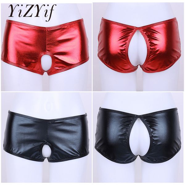 

yizyif pvc shorts women leather open crotch boxer shorts for women metallic wetlook crotchless booty mini short pants, White;black