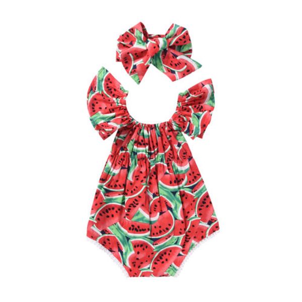 

Summer Kids Baby Girl Outfit Watermelon Romper Bodysuit Headband Clothes Set