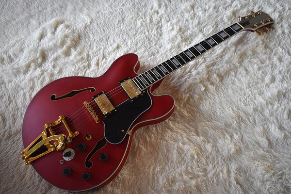 

factory custom semi-hollw matte red electric guitar with tremolo system,white binding,gold hardware,can be customized