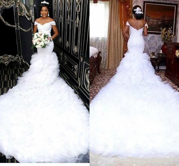 

Stunning Long Ruffles Mermaid Wedding Dresses White Bridal Gowns South African Formal Off Shoulder Appliques Lace Wedding Gowns