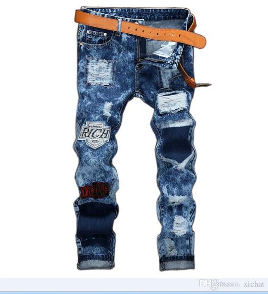 

fashion mens badge ripped straight leg jeans designer slim fit blenched denim pnats biker rich patchwork trousres hip hop jb161, Blue