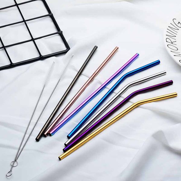 

304 stainless steel straw bent and straight reusable colorful straw drinking straws metal straw cleaner brush bar drinking tool