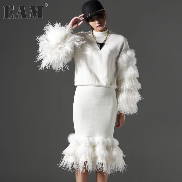 

eam] 2018 customize autumn winter split joint fur long sleeve sweatshirt + fish tail skirt two piece suit women fashion az600, Gray