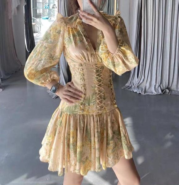 

floral print high waist women dress long sleeve v-neck loose cotton linen lady midi dress 2020 new, Black;gray