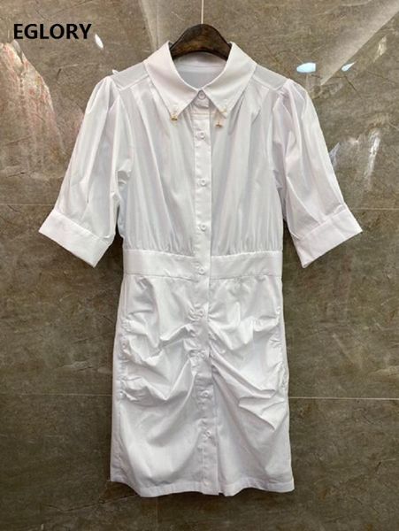 

2020 summer fashion long shirt dress ladies turn-down collar metal chain beading deco short sleeve dress 5 colors, Black;gray