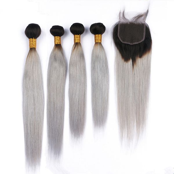 Ombre Silver Grey Malaysian Straight Weaves Human Hair 4bundles