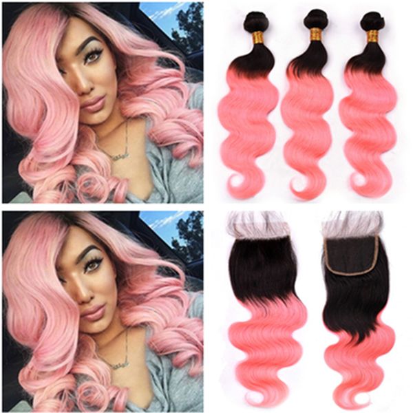 Ombre Pink Body Wave Peruvian Hair Weave Bundles And Closure 1b