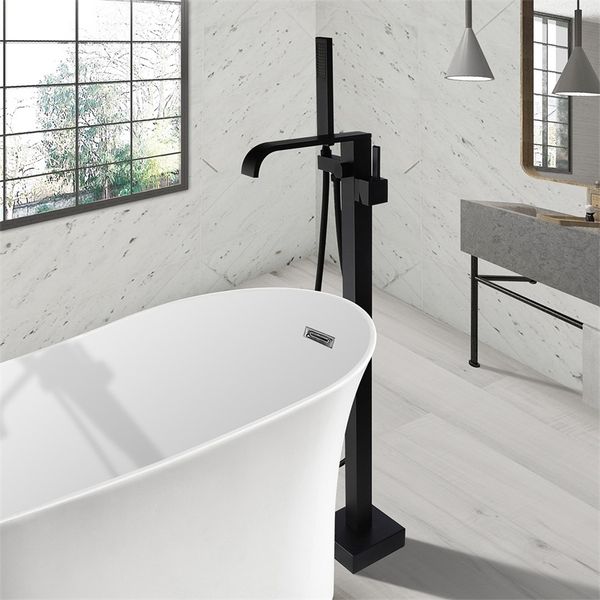 2018 Modern Dual Function Waterfall Spout 1 Handle Floor Mounted Freestanding Bathtub Faucet With Handheld Shower Matte Black Solid Brass From
