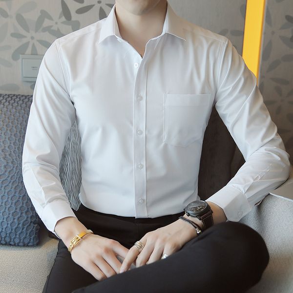 

spring/summer 2019 men's new dress shirt official lapel cotton color shirt fashion men's casual dress short sleeve, White;black