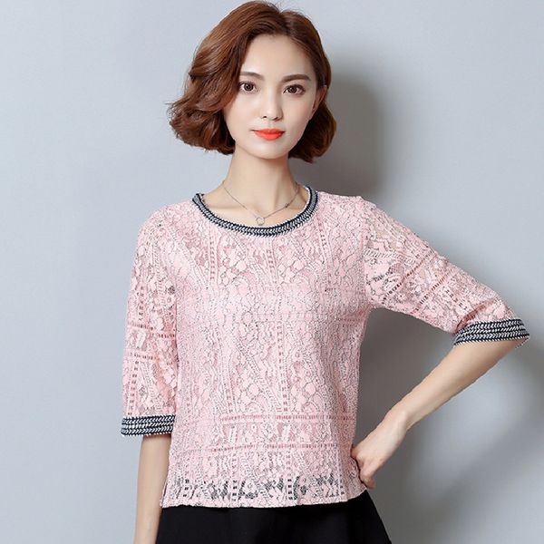 

2020 summer new fashion women and blouses half sleeve solid lace shirts o-neck casual lady plus size clothes blusa feminina, White