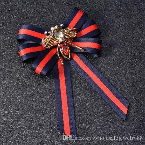 

wholesale handmade crystal bee necktie brooches embroidery stripe bowknot corsage women girl shirt accessories collar pins jewelry, Gray