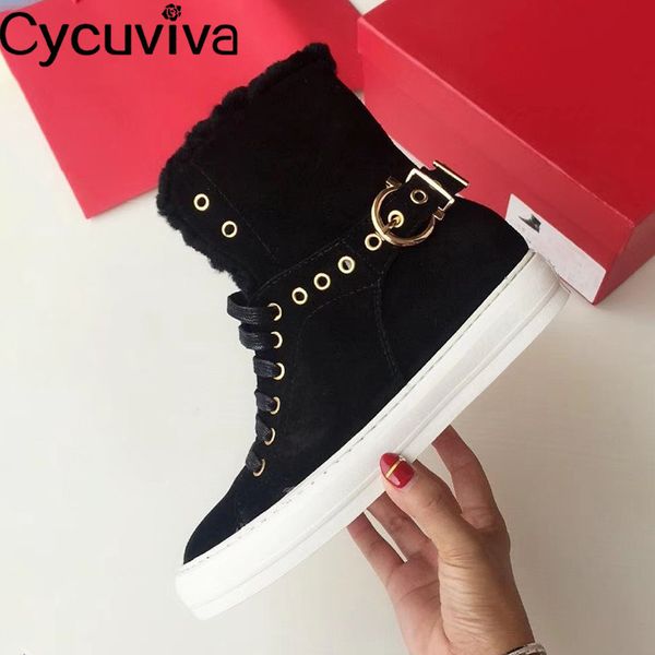 

snow winter boots skidsude real fur ankle boots for women runway warm down flat shoes woman platform lace up short femme, Black