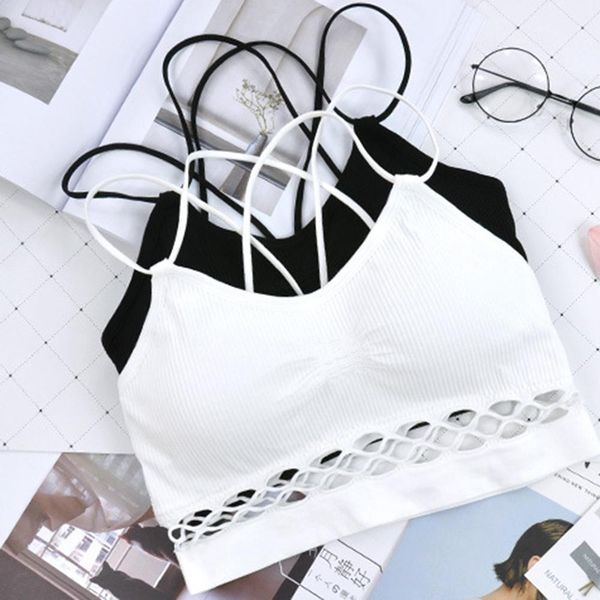 

2019 women crop camisole camis solid colors underwear strappy padded bra hollow cross back vest tank top, White