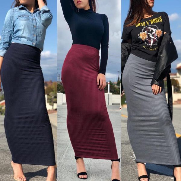 

2019 abaya dubai arabic muslim high waist knitted pencil bodycon skirt dress women long skirts striped islamic clothing, Red
