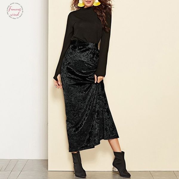 

velvet solid high waist skirt women plus size elegant velvet split long skirt maxi long ankle length skirts for women, Black