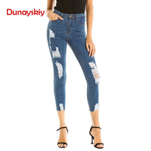 

высокая талия bodycon джинсы женские узкие джинсы женские джинсовые брюки дыры уничтожены колено карандаш брюки повседневные брюки тонкий рв, Blue