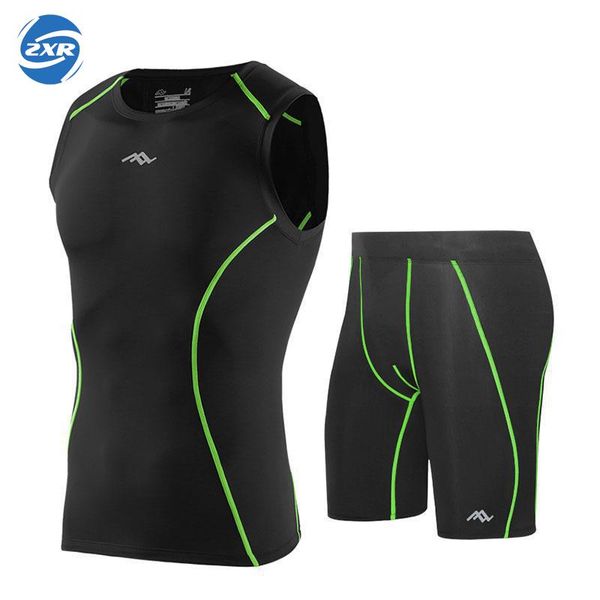

summer men sleeveless t-shirts pants compression set sportswear fitness tracksuit skin tight base leggings running sets kg-367, Black;blue
