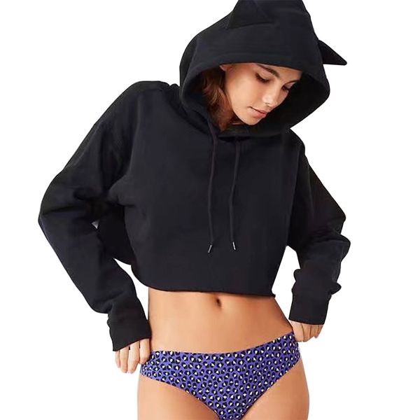 

letter coffee print loose short hoodies women 2019 autumn fashion long sleeve casual cropped sweatshirt pullover, Black