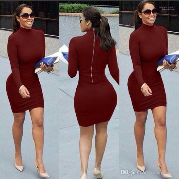 

designer dress long sleeved clothes women bodycon dresses spring autumn turtleneck back gold zipper, Black;gray