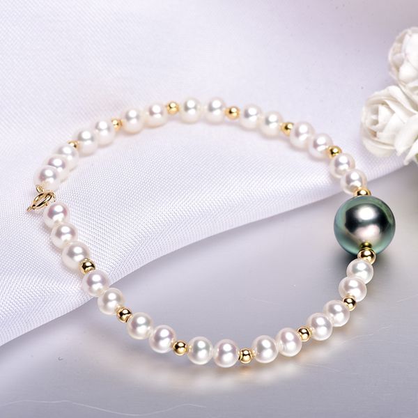 

ys]10-11mm black tahitian bracelet freshwater pearl bracelet 18k gold pearl bracelets, Golden;silver