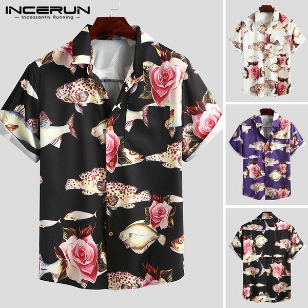 

summer printed men hawaiian shirt beach short sleeve streetwear blouse lapel button breathable casual camisa masculina incerun, White;black
