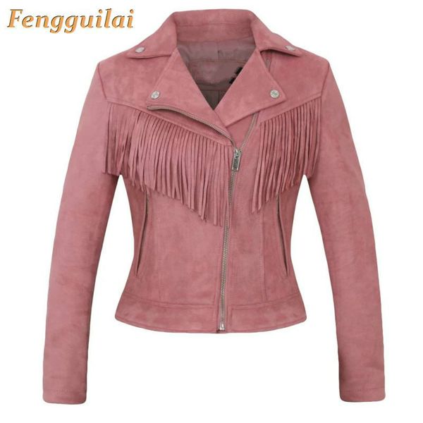 

new elegant autumn winter zipper basic suede tassel jacket coat motorcycle jacket women outwear brown slim short winter jackets, Black