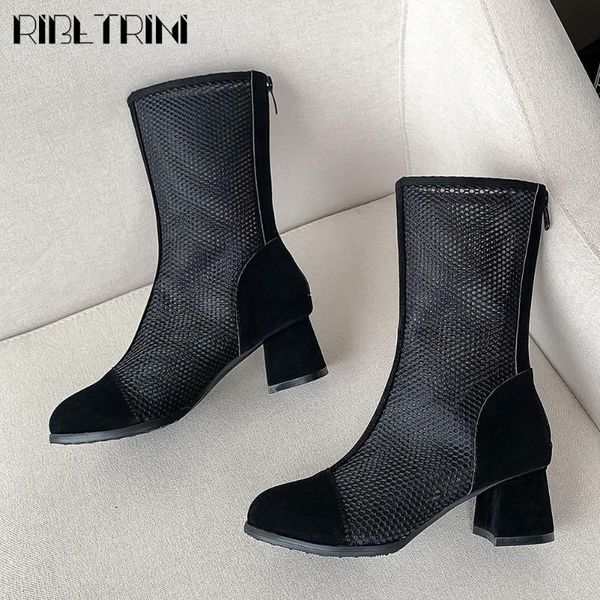 

ribetrini fashion brand lady round toe hollowing high heels mid calf shoes woman summer boots women casual square heels boots, Black