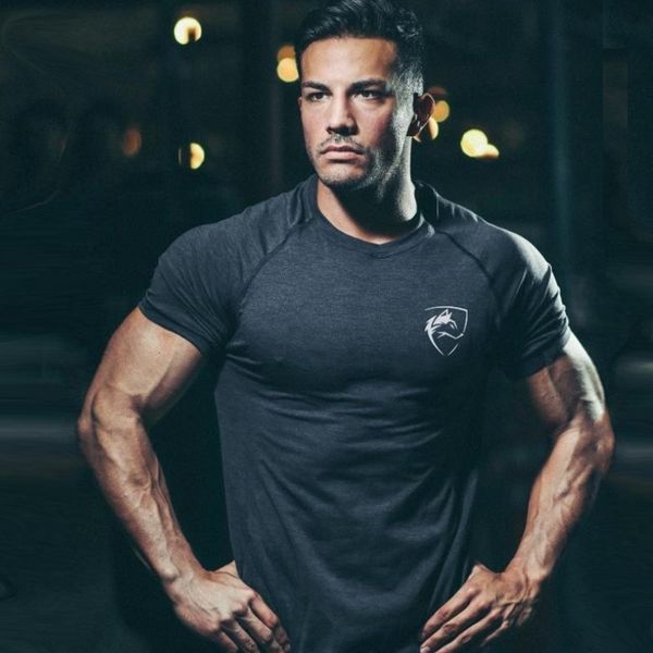 

short sleeve gym shirt mens sport dry fit fitness muscle sportswear athletic t shirts workout shirts gym men running shirt, Black;blue