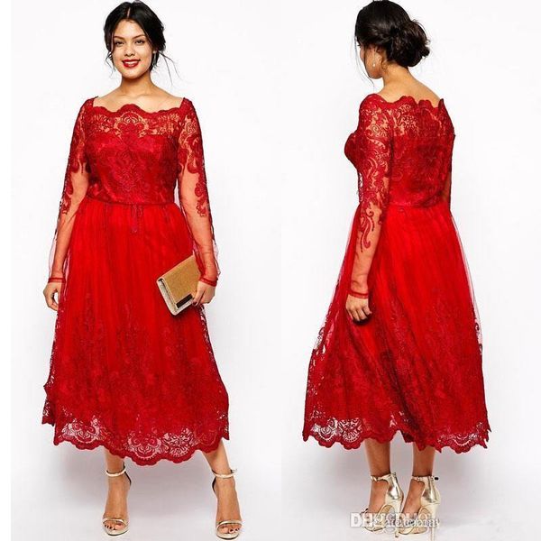 Red Sheer Mangas Compridas Lace Curto Mãe de Vestidos de Noiva 2019 Tulle Applique Tea Comprimento Festa Formal Plus Size A Linha Mãe Vestidos BC1577