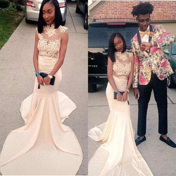 

2020 latest high neck mermaid prom dresses lace sleeveless pattern chapel train formal evening dresses gowns, White;black