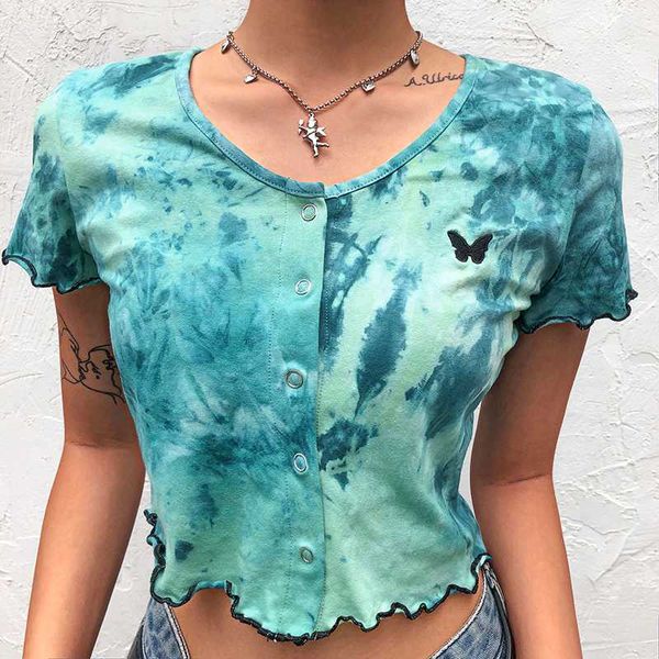 

women fashion tie-dye butterfly embroidery t-shirts summer short sleeve round neck crop ruched basic tee stree club, White
