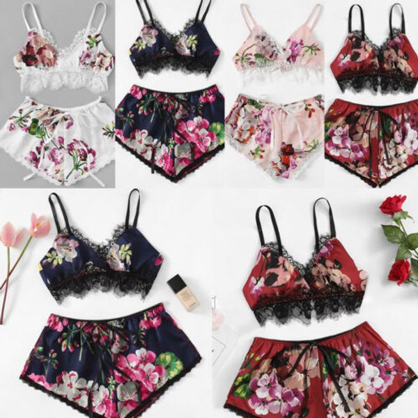 

women spaghetti strap tank shorts 2pcs retro floral print lace sleepwear babydoll nightwear pajamas set, Blue;gray